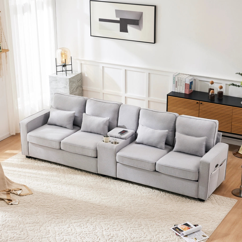 OKWISH Divano Lineare 4 Posti con Consolle, 2 Portabicchieri, 2 Porte USB, Tasche Laterali, Lino Grigio