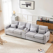 OKWISH Divano Lineare 4 Posti con Consolle, 2 Portabicchieri, 2 Porte USB, Tasche Laterali, Lino Grigio