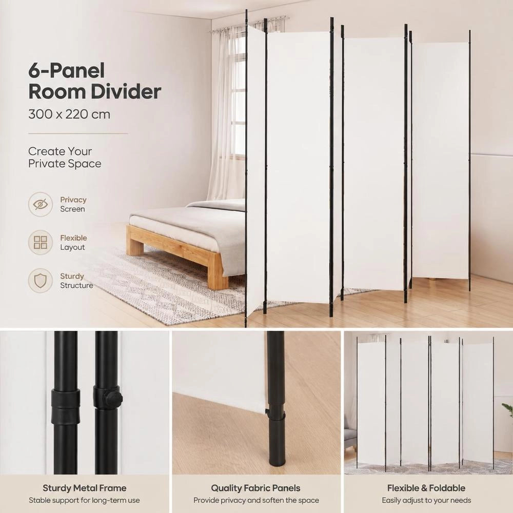 6-piece White Fabric Room Divider, 300x220 Cm