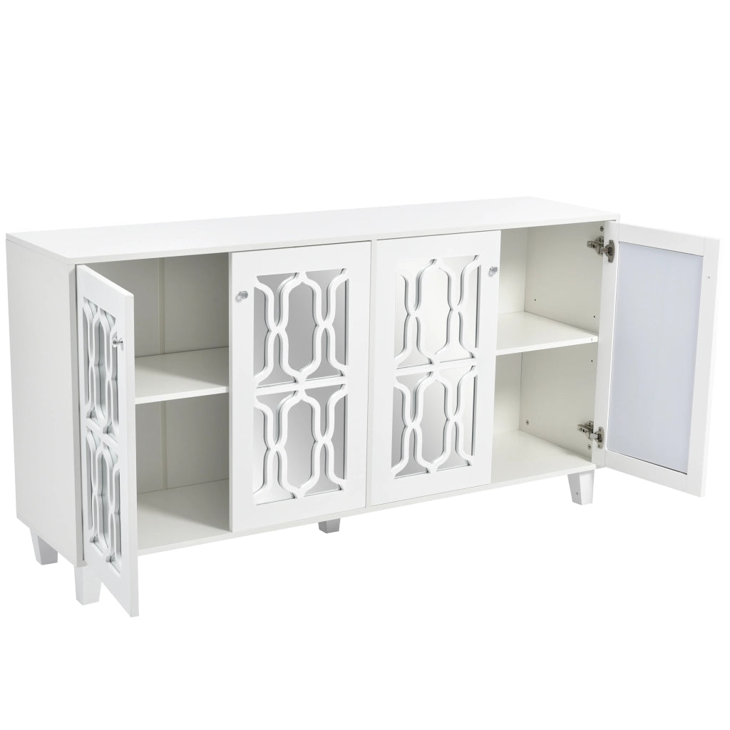 Credenza e Madia con 4 Ante e Ripiano Regolabile; Frontali a Specchio; Maniglie Cristallo; in MDF; 160??40??84 cm; Bianco