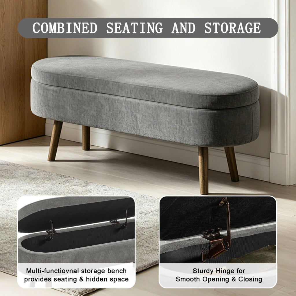 Panca contenitore in chenille con vano interno e chiusura ammortizzata, gambe in legno, grigio scuro 110 × 40 × 42 cm