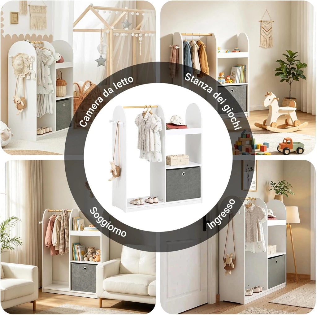 Armadio Cameretta Armadio Bambini con 3 Scomparti, Contenitore Tessuto e 3 Ganci Laterali Guardaroba con Appendiabiti per Bambini Bianco 97x35x108 KMB40-W