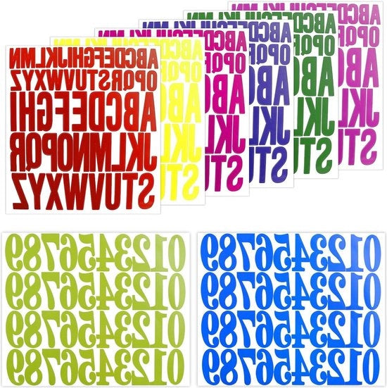 Etichette Colorate per Scrapbook e Kunsthandwerk - 8 Fogli - 25cm x 5cm - Lettere Grandi Self-Adesive - Vinyl Idrorepellente - Alfabeto e Numeri per Scrapbook e Kunsthandwerk.