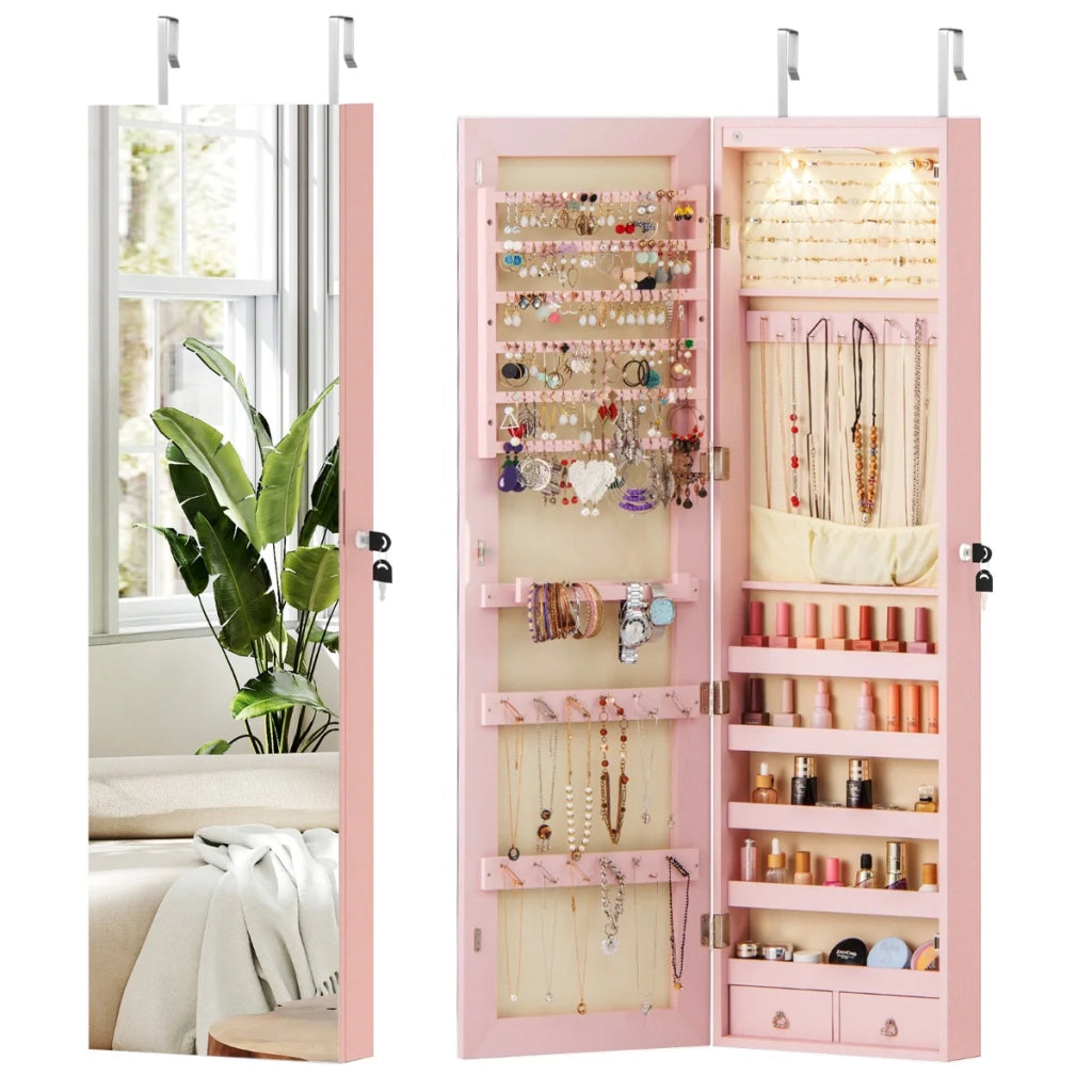 Mobiletto portagioie con specchio e luce LED 120 x 36 x 10 cm grande capienza atmosfera accogliente MDF rosa 20_0010323