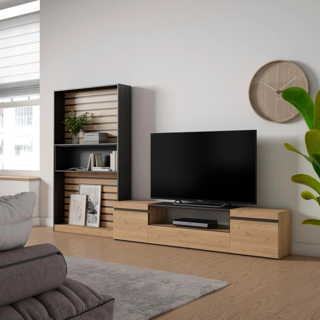 Mobile TV, Soggiorno, 310x35x186cm, Per TV fino a 80", Set di mobili, colore Rovere e nero RF2854