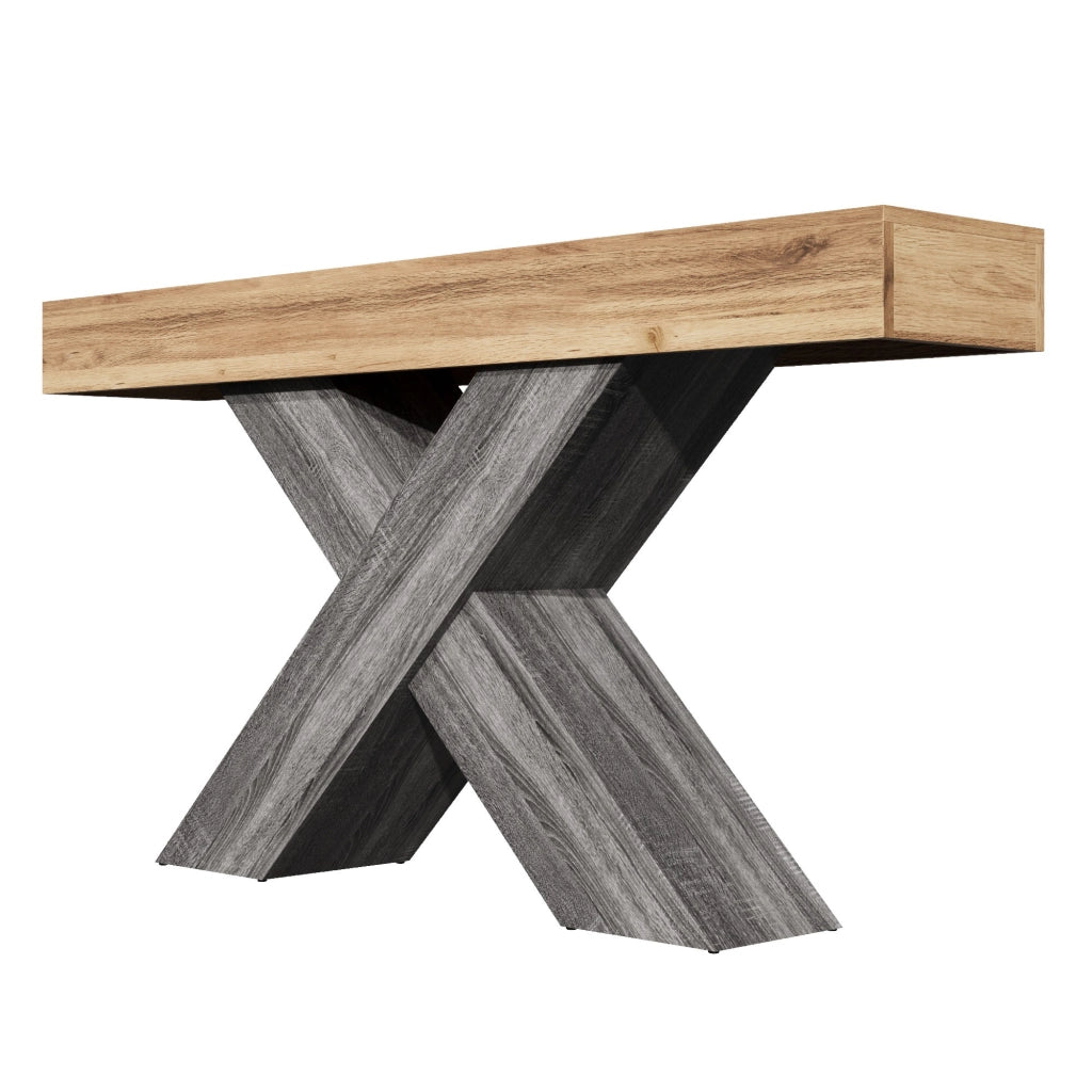 Consolle con struttura a X in pannello truciolare effetto legno naturale per ingresso e soggiorno 140 × 30 × 80 cm