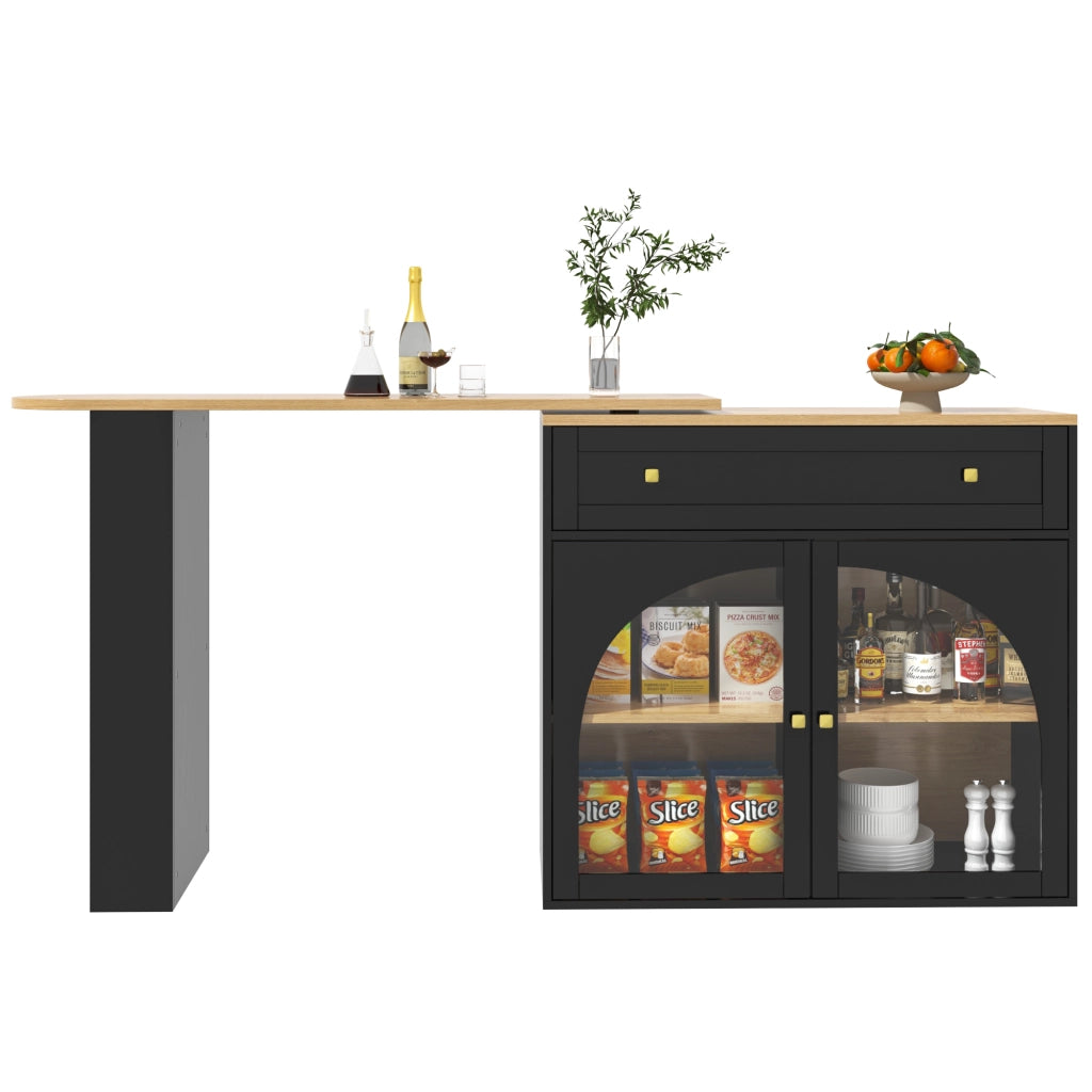 Tavolo Bar Estensibile con 1 Anta in Vetro; 3 Ripiani e Rotazione a 360°; per Cucina; in MDF; Nero; 138×39×104 cm
