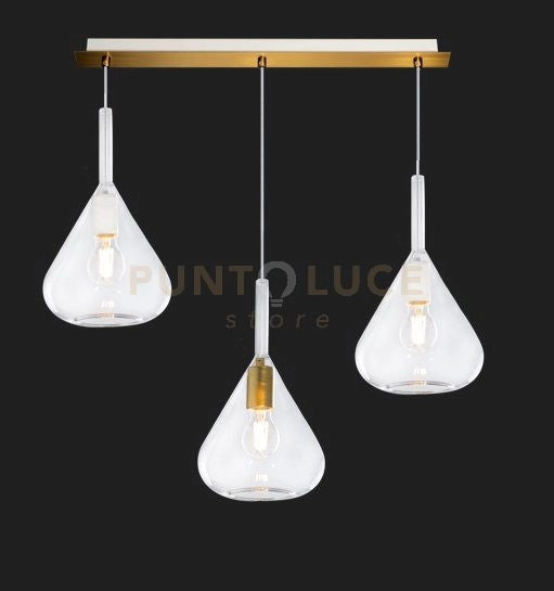 SOSPENSIONE OTTONE SAT. 3 LUCI RETTANGOLARE VETRI TRASPARENTE 1177OS-S3 R-TR