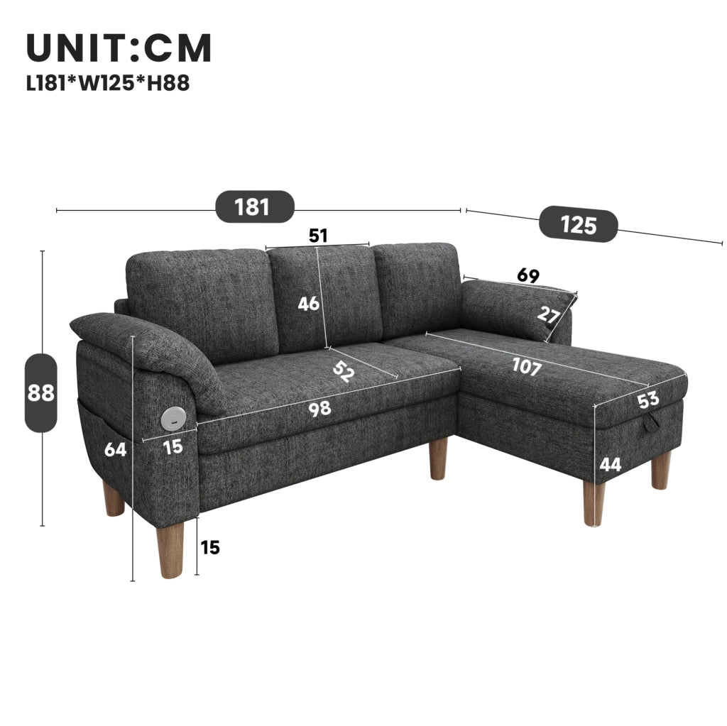 Divano angolare L 3 posti con chaise longue contenitore reversibile; USB e Type-C; grigio scuro