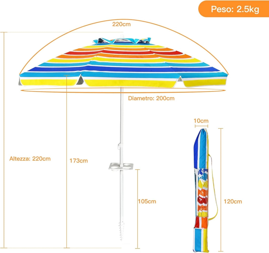 Ombrellone da Spiaggia 200 x 220 cm, Ombrellone da Mare con Inclinazione Regolabile, con Vassoio, 8 Stecche, Protezione UV, Impermeabile, Borsa di Trasporto (Colorato)
