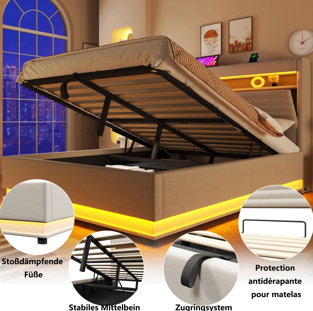 Letto imbottito ULEVR 140x200 cm con contenitore idraulico, LED, USB e Type-C, beige in lino