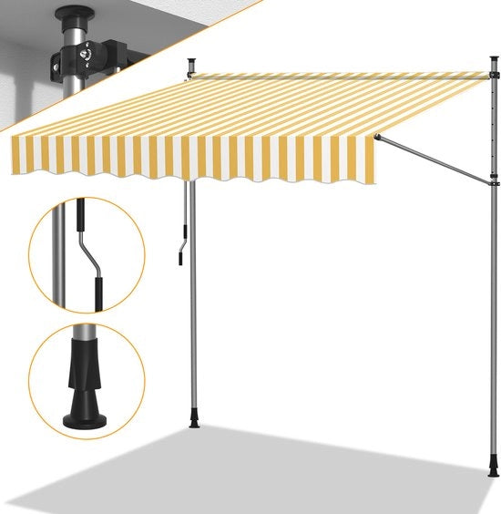 Ombrelloni senza forare per terrazza e balcone – Parasole per balcone regolabile a mano con manubrio 300cm Giallo Bianco