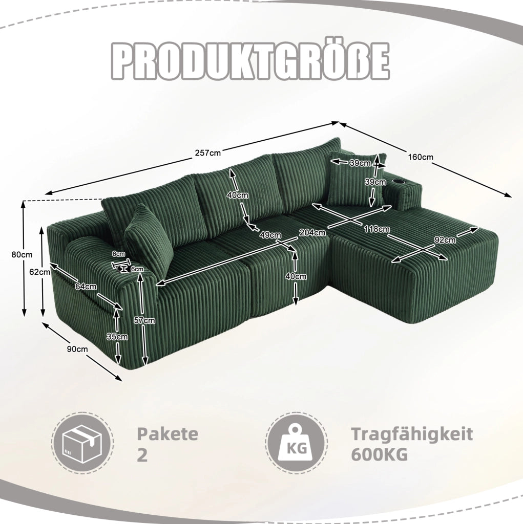 Divano modulare in velluto a coste verde smeraldo con chaise longue