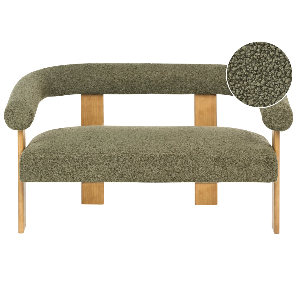 Divano a 2 posti Boucle verde e Marrone Scuro stile retrò gambe in legno