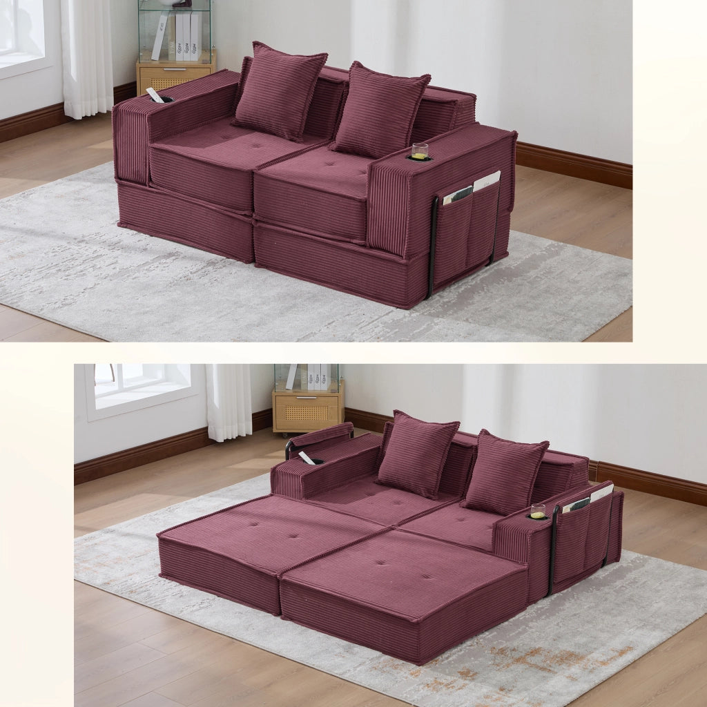 Pouf divano 2 posti in velluto a coste, colore wine red, con 2 cuscini e tasche laterali