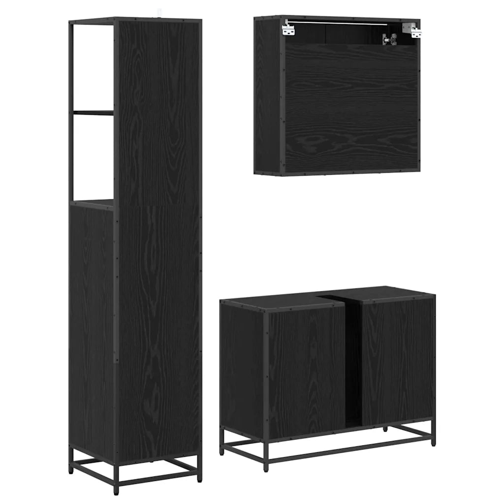 Set di mobili per il Bagno | Armadio da bagno 3 pz Rovere Nero Legno multistrato