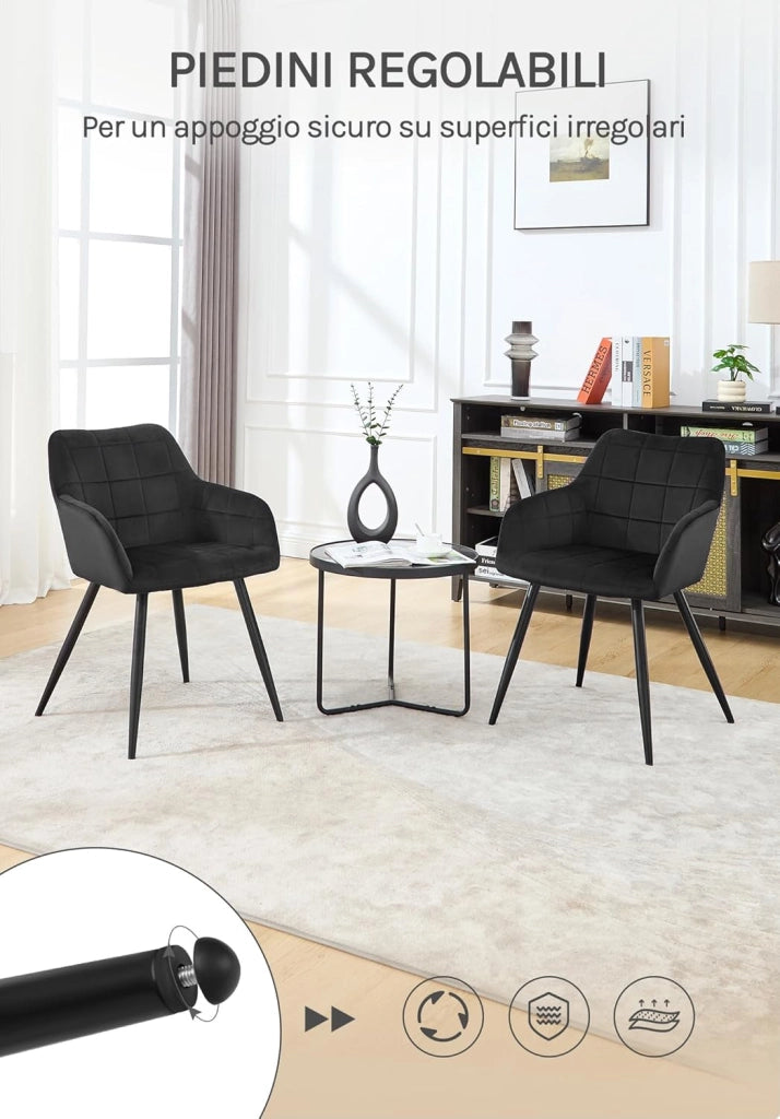 Sedia per Sala da Pranzo Imbottita, Poltroncina in Velluto,Sedia da Cucina con Braccioli e Schienale, Gambe in Metallo, moderne,Nero, BH93sz-1
