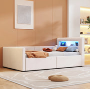 Letto imbottito 90x200 cm con LED; luce notturna; USB e contenitore in velluto beige