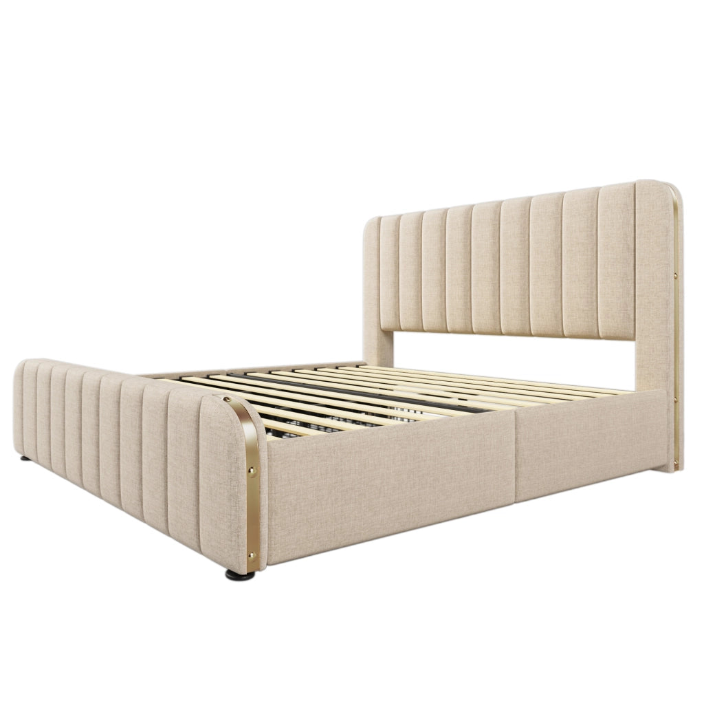Letto imbottito 180x200 cm in lino beige con 4 cassetti; USB e Type-C