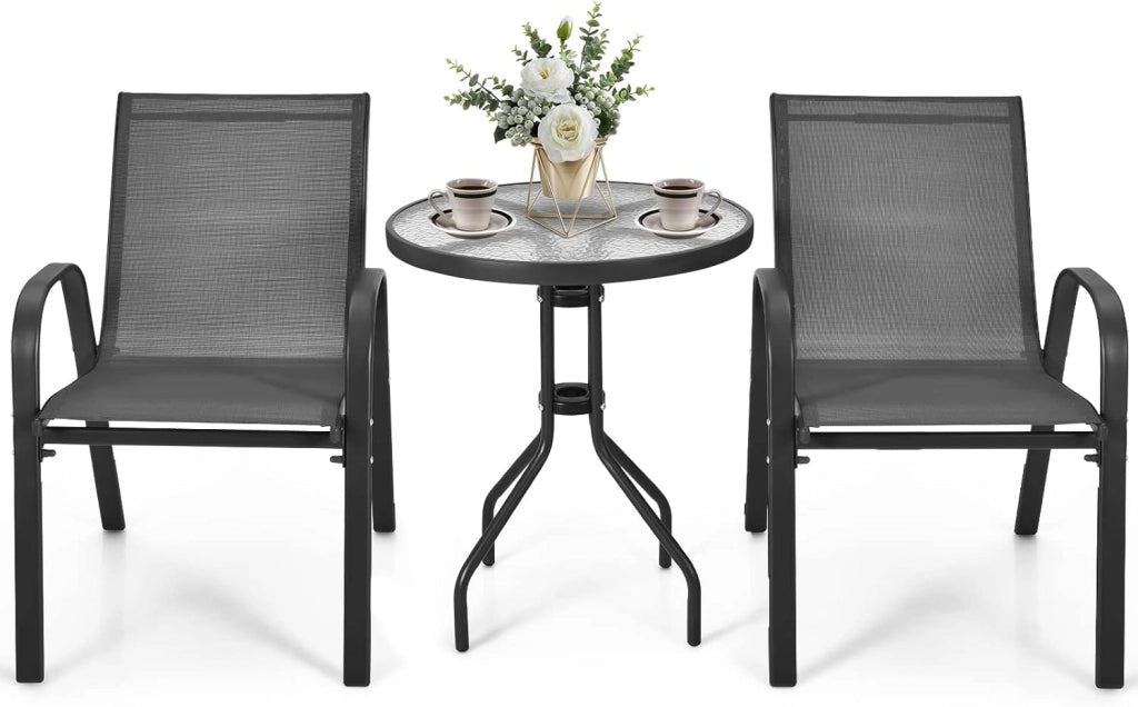 Set di 2 Sedie da Giardino con Tavolo in Vetro, Schienale Alto e Seduta Larga, Telaio in Acciaio Verniciato a Polvere, Tessuto Textilene Traspirante, per Balcone e Esterno (Blu)