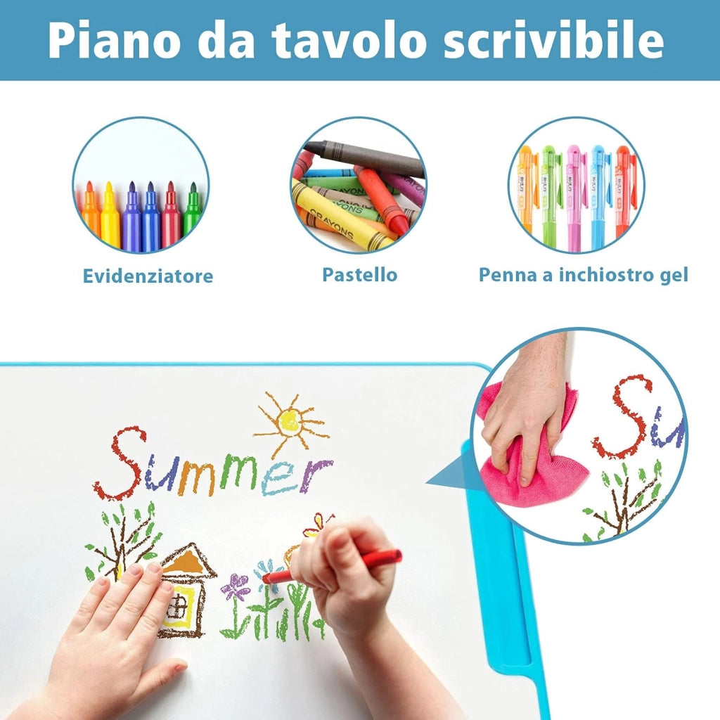 Set Scrivania e Sedia per Bambini, Tavolo Regolabile in Altezza con Piano Inclinabile 45° e Luce LED 3 Modalità, Tavolo e Sedia Ergonomica in Materiali Sicuri per 4+ Anni (Blu)