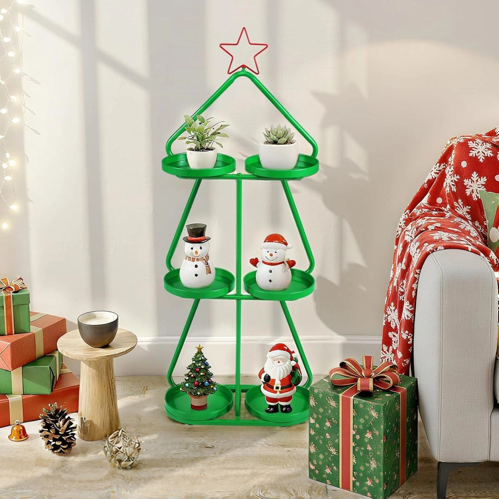Porta Piante in Metallo, Supporto per Piante a 3 Livelli a Forma di Albero con Stella Rossa e Vassoi per Stoccaggio, Struttura in Metallo, Mensole Espositivo per Decorazioni Festive