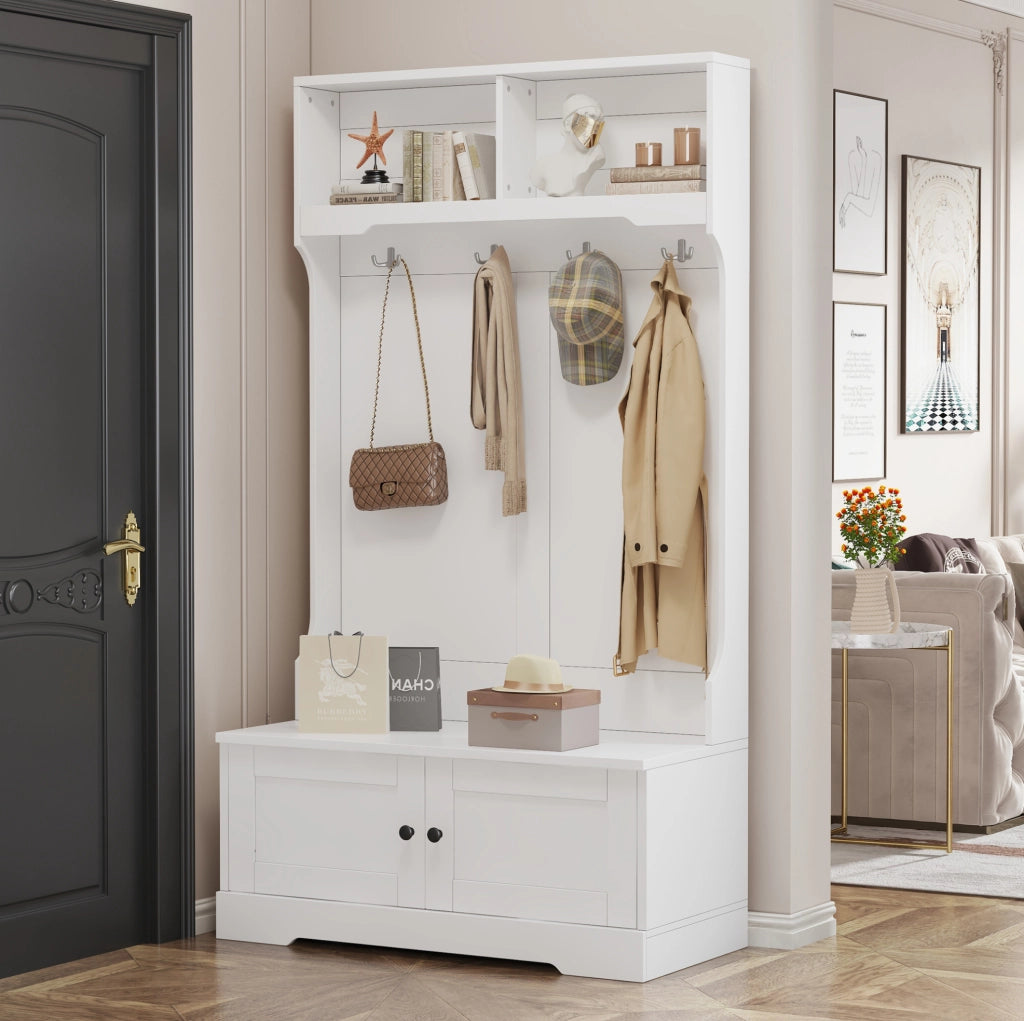 Mobile da ingresso con panca 101，5x47x183 cm bianco， 4 ganci， 2 vani