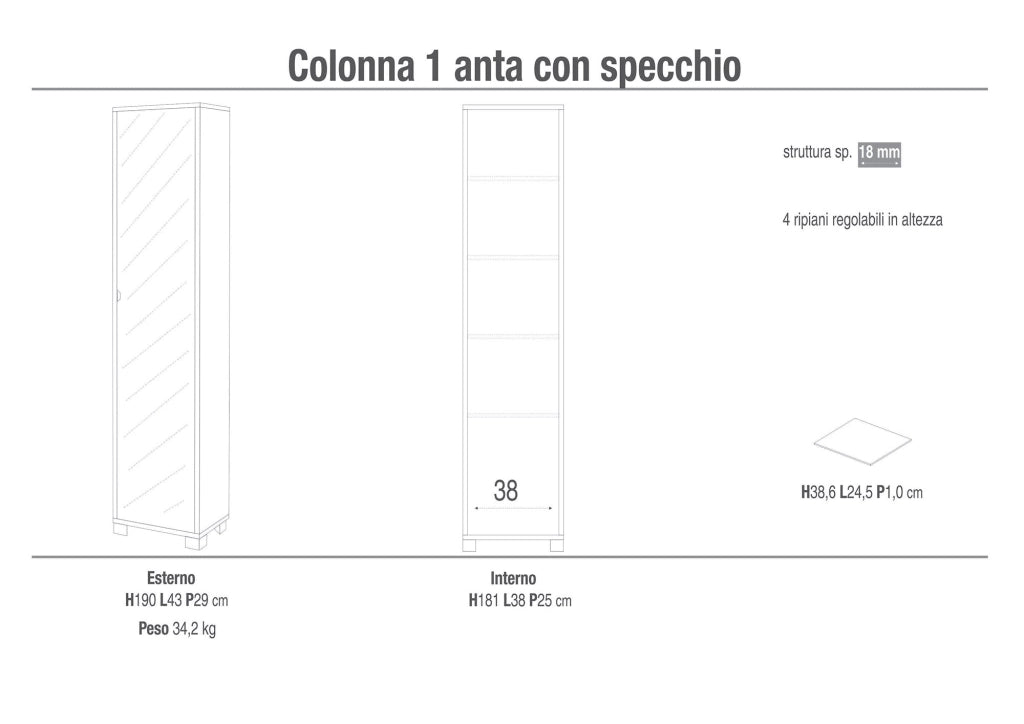 Armadio 1 Anta con Specchio 43x190x29 cm Cemento
