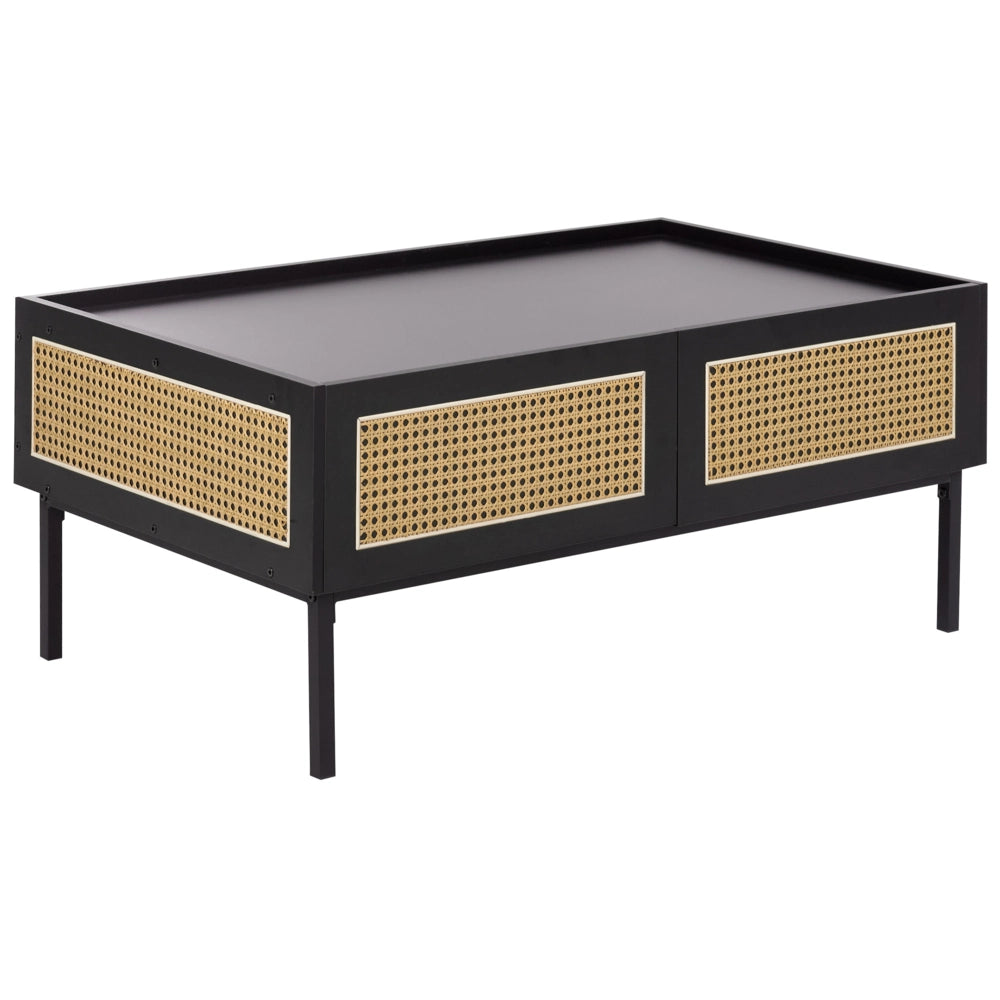 Tavolino da caffè nero con treccia viennese Struttura in ferro MDF Cassetti in rattan 97 x 57 x 42 cm Boho