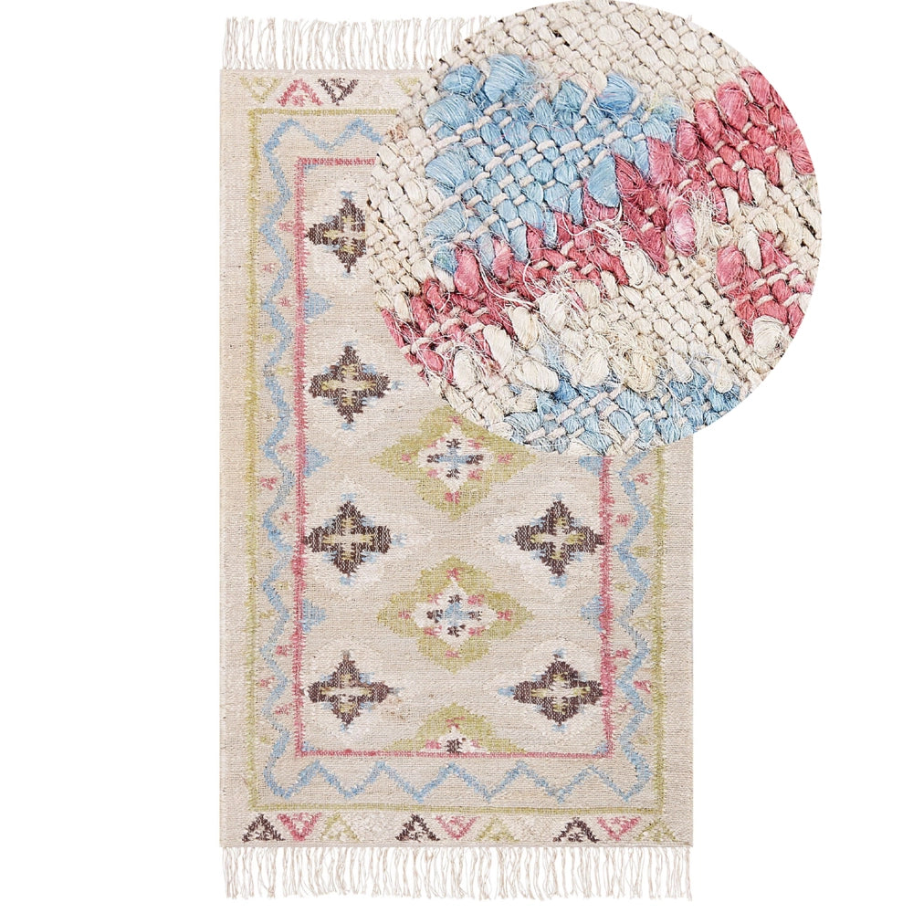 Tappeto in iuta beige multicolore 80 x 150 cm fatto a mano con nappe soggiorno camera da letto