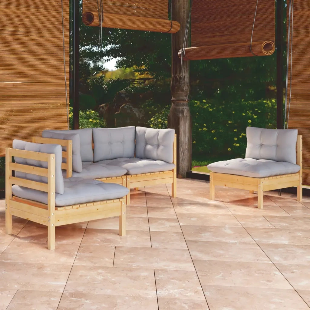 Set Divani da Giardino 4 pz | Set Salotto da Giardino con Cuscini Grigi Massello di Pino