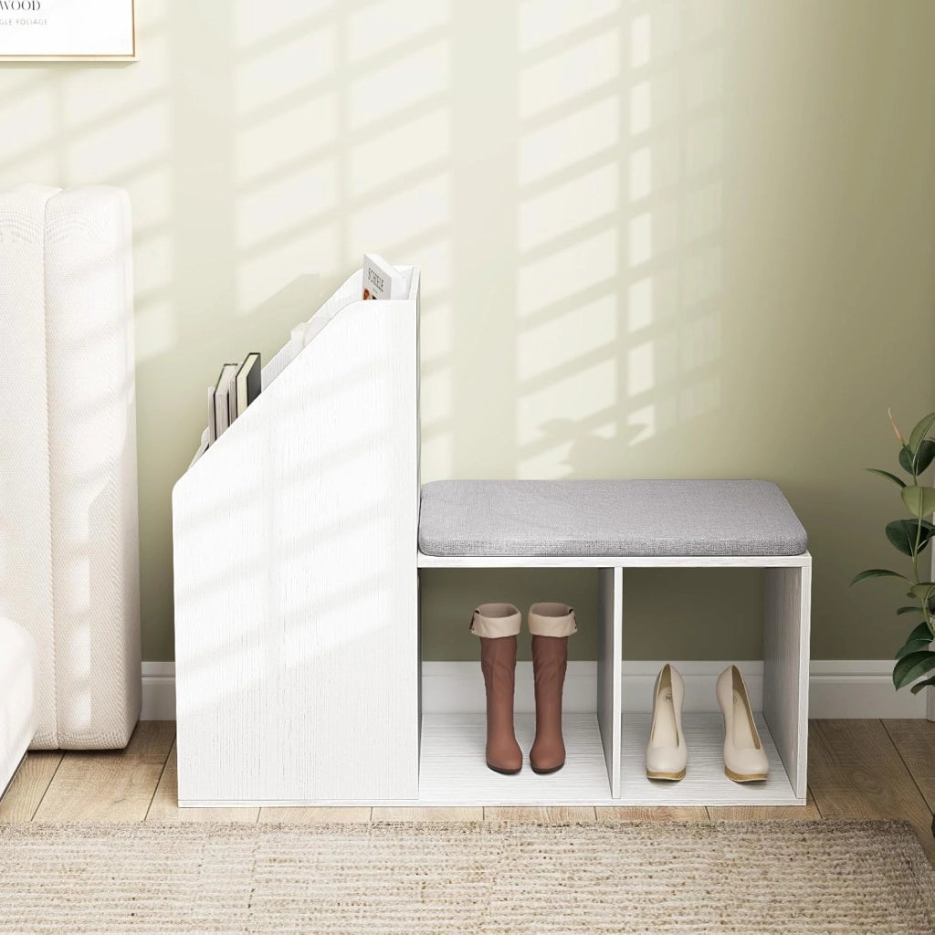 Panca Porta Scarpe, Organizzatore per Scarpe con Ripiano a 3 Livelli, Cuscino e 3 Cubi, Scarpiera con Supporto Laterale, Unità di Stoccaggio per Scarpe per Corridoio, Ingresso, Bianca