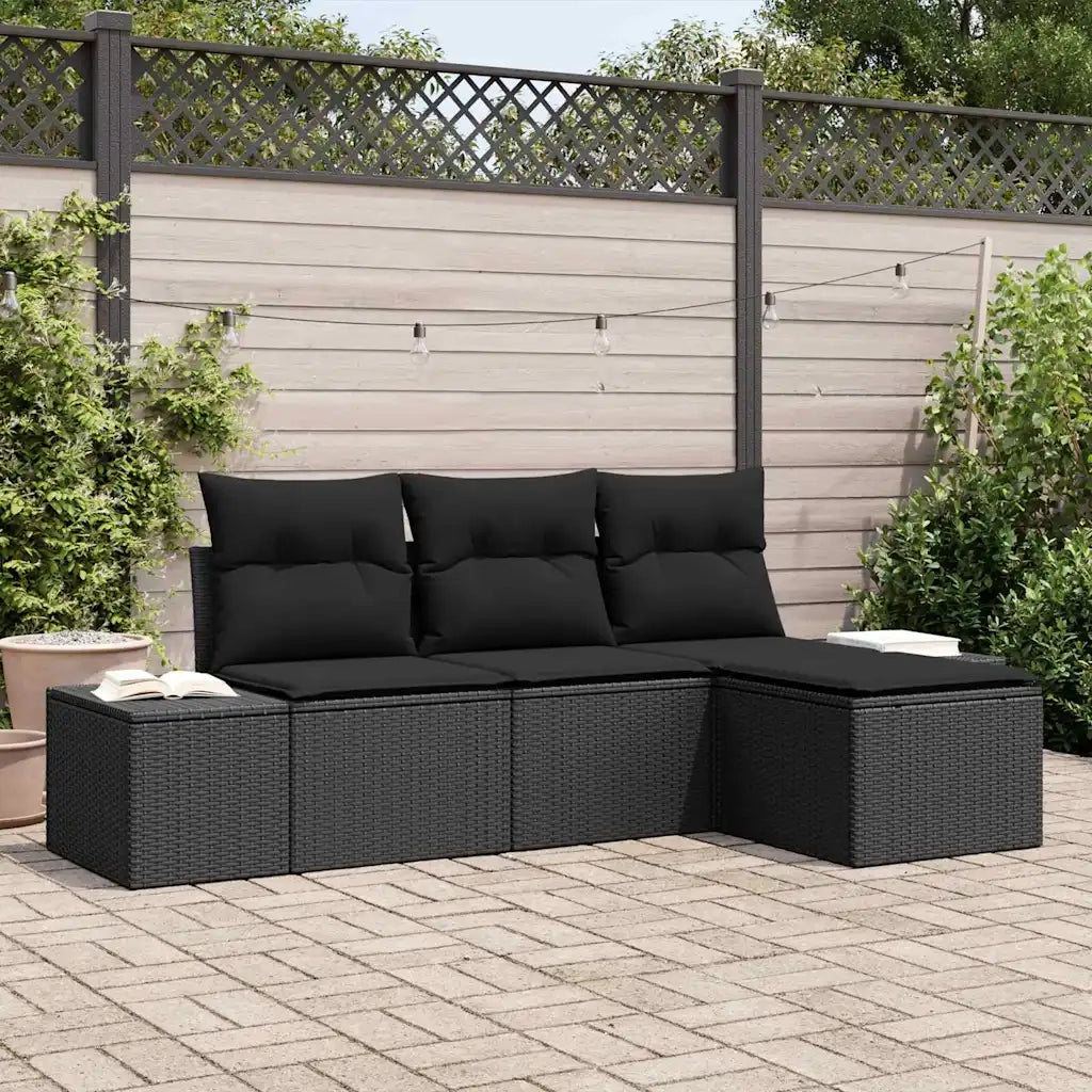 Set Divano da Giardino con cuscino con archiviazione 4 pz | Set Salotto da Giardino Nero