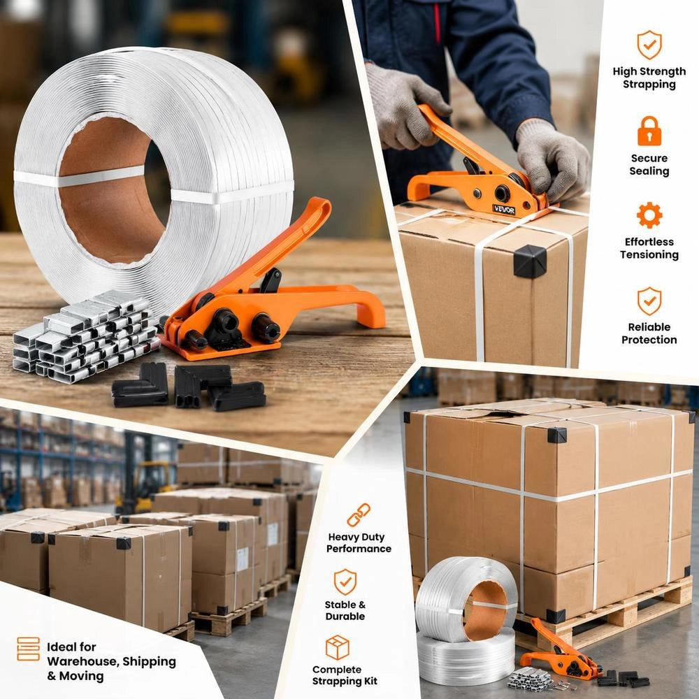 Banding Strapping Kit, Heavy Duty Banding Sealer Tool With 3200 Ft Length PP Band, 1000 Metal Seals, 50 Corner Protectors, Plastic Pallet Packaging Strapping Kit For Warehouse/Shipping/Moving