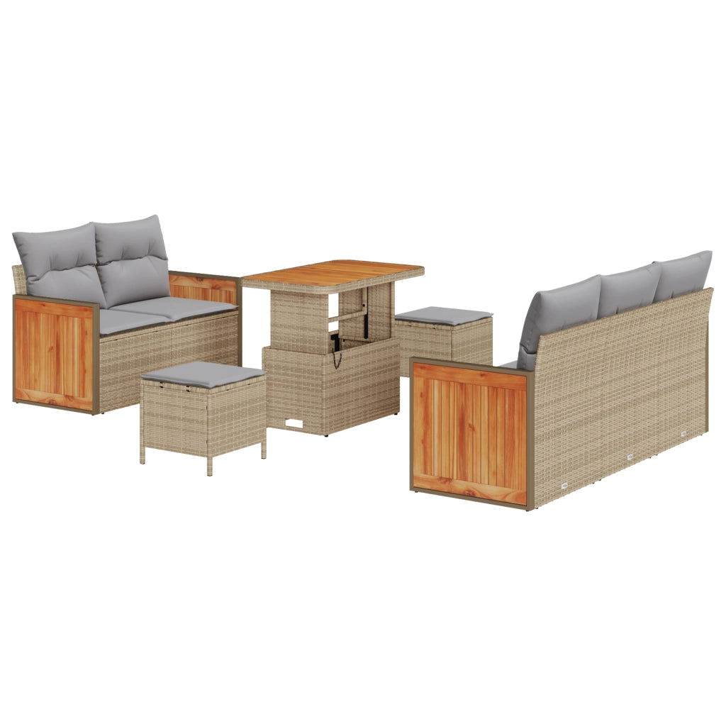 Set di Divani da Giardino da 8 Pezzi con Cuscini Beige Polyrattan Acacia
