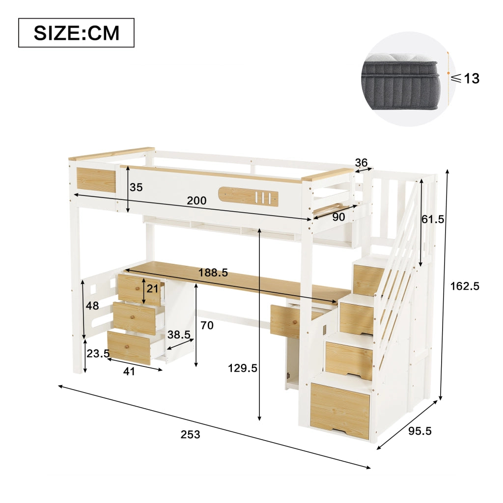 Letto a Soppalco 90x200 cm - Scrivania; Cassetti e Scala Contenitore - Bianco