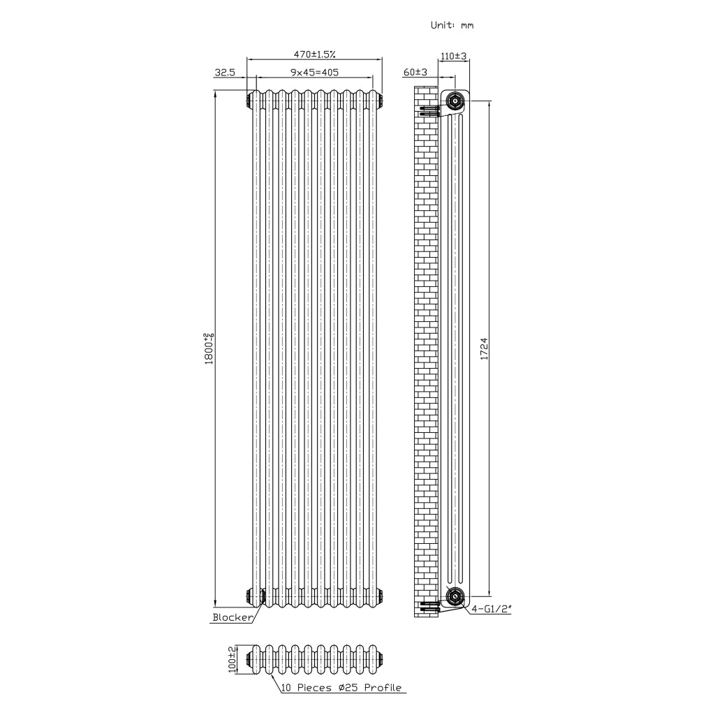 Radiatore 3 Colonne Verticale Metallo Grezzo 1800x470 mm