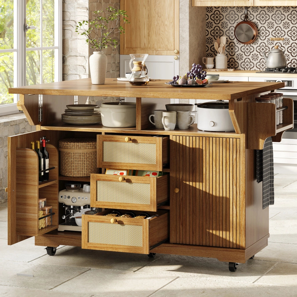 Carrello da cucina con 2 prolunghe ribaltabili; vani nascosti; cassetti in rattan PE; per cucina e balcone; 142.5 × 80 × 95 cm