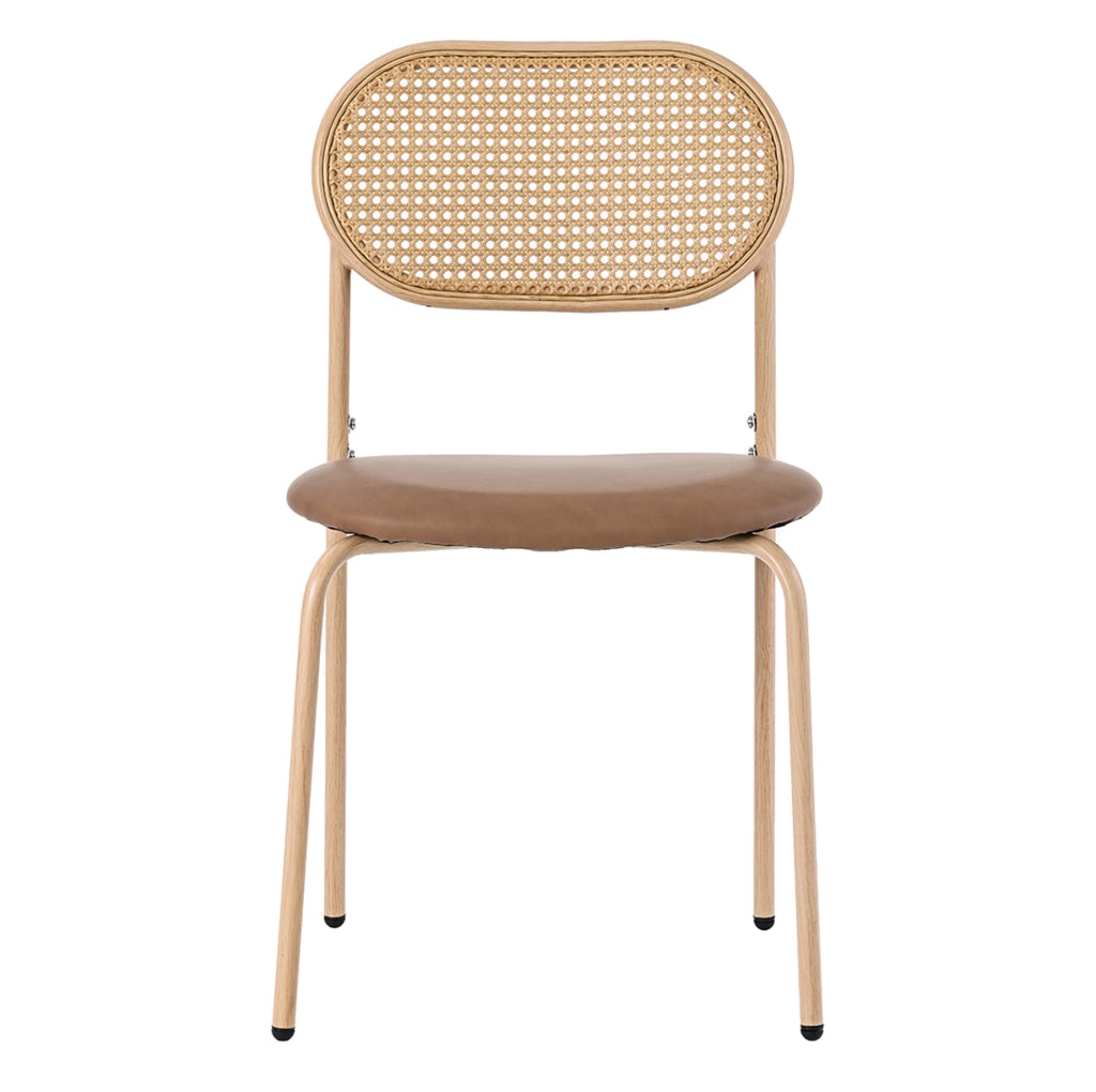 Set di 4 sedie da pranzo in PU marrone con schienale in rattan naturale