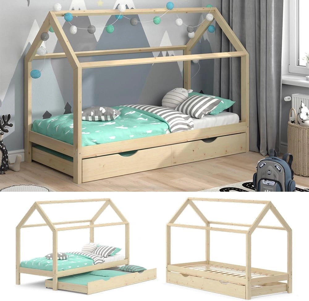 Letto da casa Wiki, Legno naturale, 90x200 cm con letto per ospiti, in legno massello con protezione anticaduta e rete a doghe