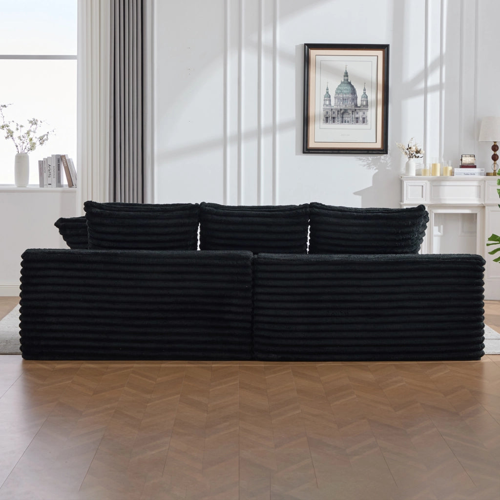 Divano letto 273x98x87 cm in velluto a coste nero con tasche e portabevande