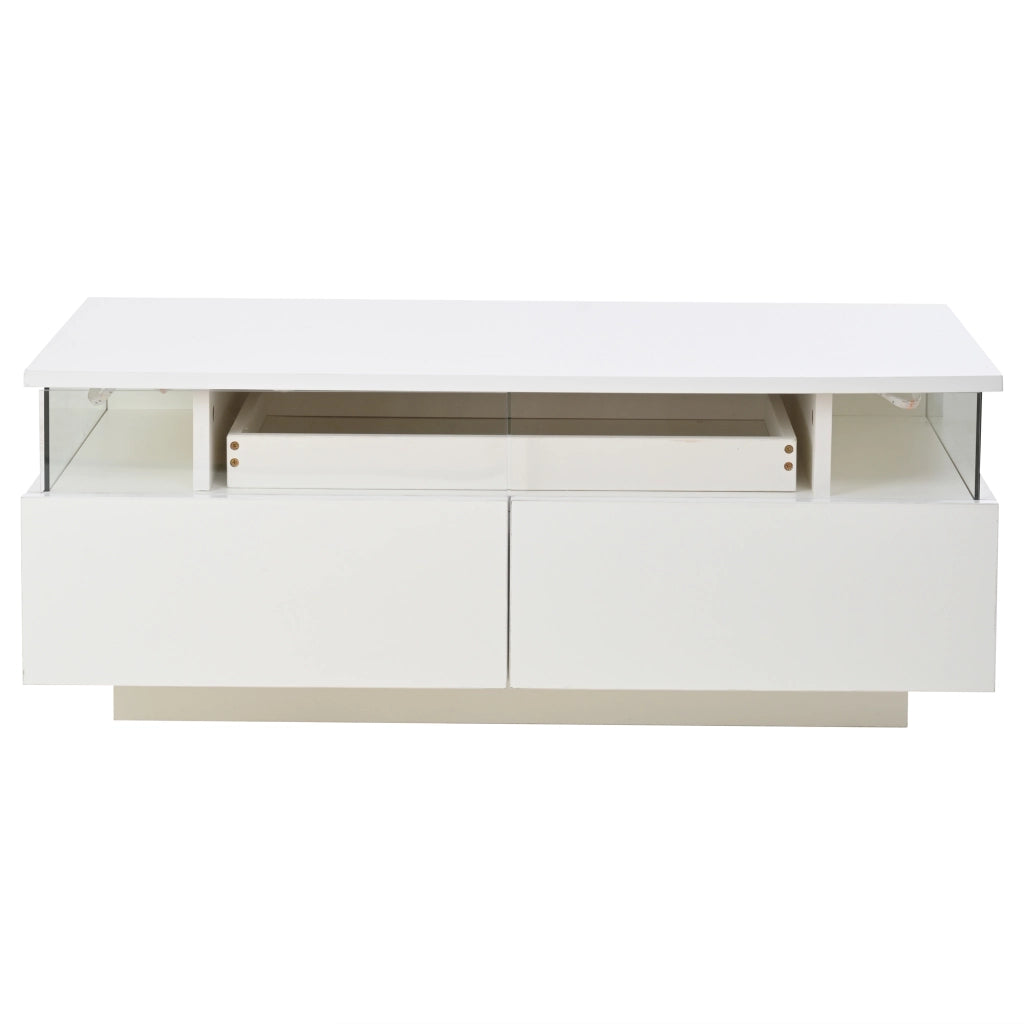 Tavolino basso con vassoio, 2 cassetti e LED, piano in pannello truciolare, bianco, 90 × 45 × 35,5 cm