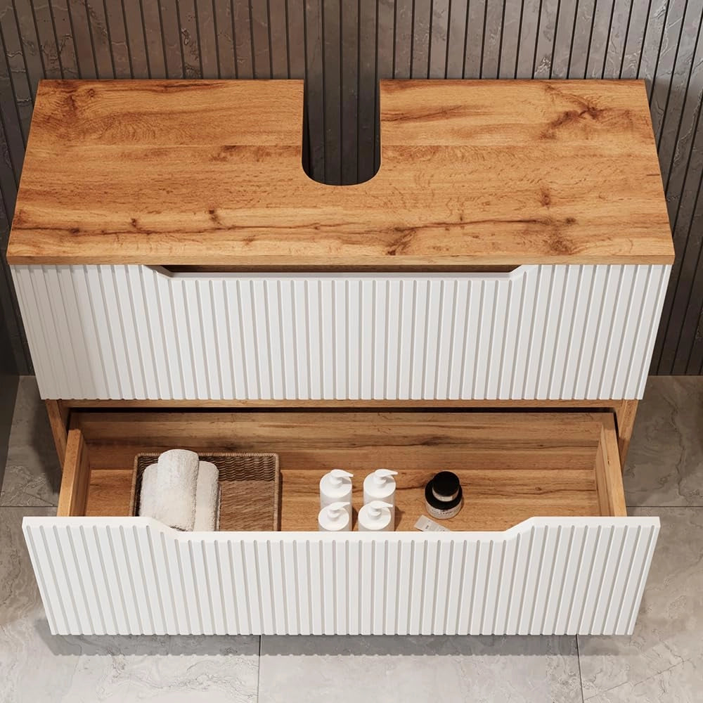 Mobile sottolavabo per bagno Lotta, Rovere/bianco a strisce, 79.6 x 62.5 cm con 2 cassetti