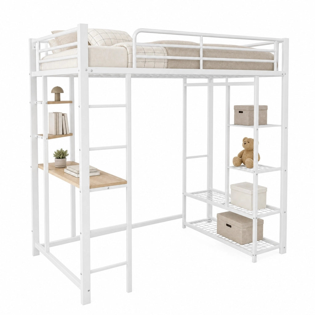 Letto a soppalco singolo 90x200 cm in metallo e MDF con scrivania; ripiani e guardaroba; bianco