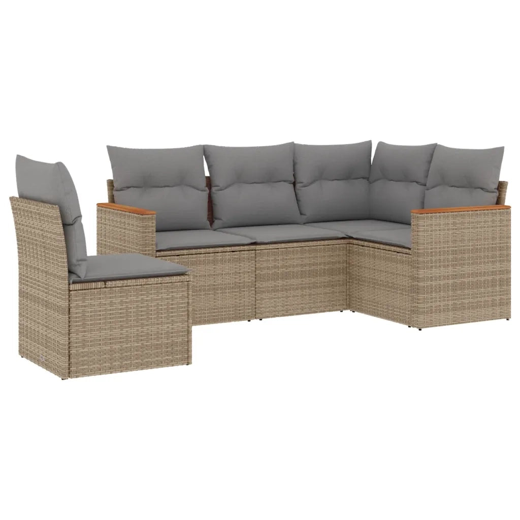 Set Divano da Giardino 5 pz con Cuscini Beige in Polyrattan
