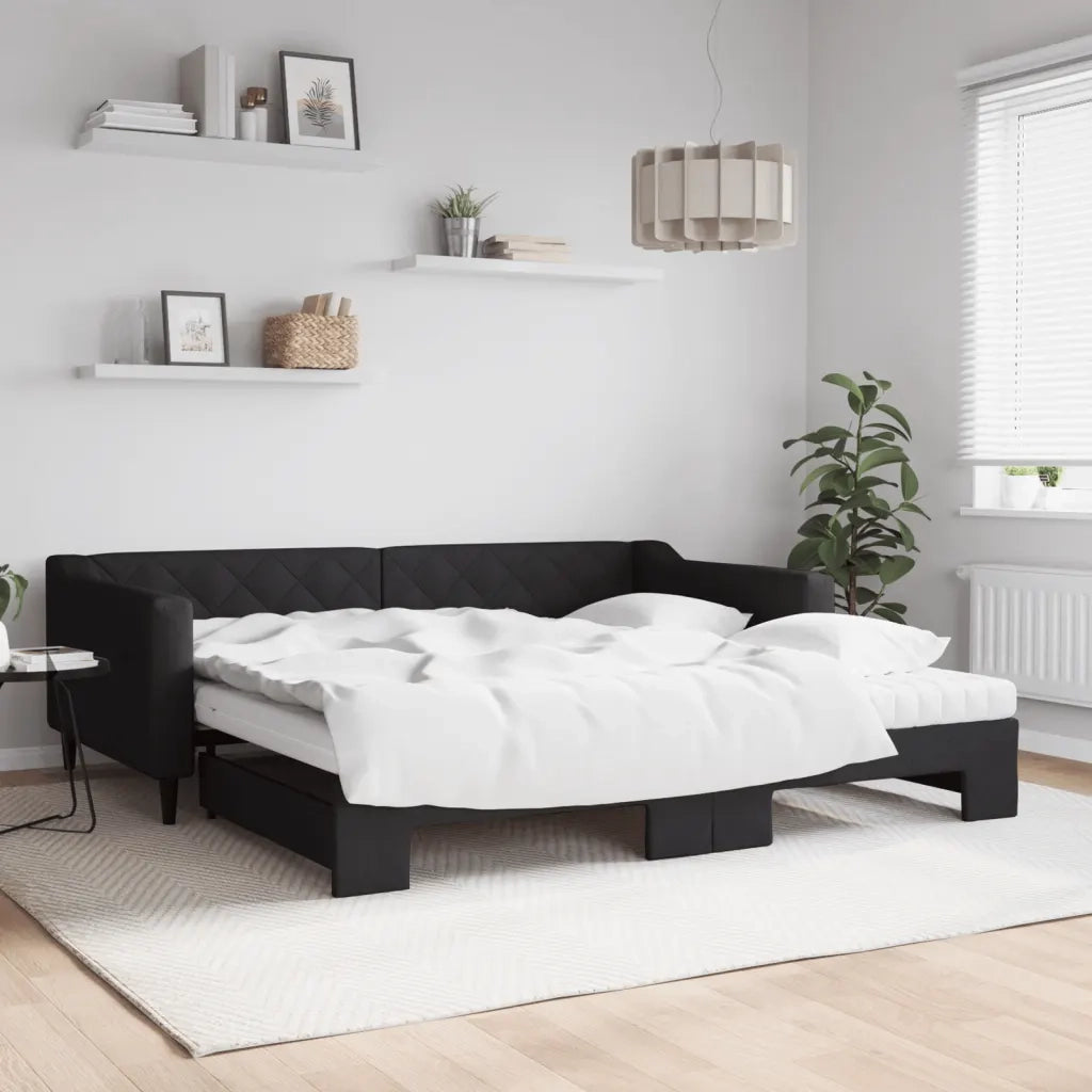 Divano Letto Estraibile con Materassi Nero 100x200 cm Tessuto