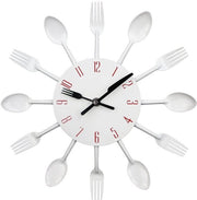 Orologio da cucina con effetto specchio, design forchetta-cucchiaio, adesivo 3D rimovibile, decorazione per la casa 32 * 32 * 4 cm bianco
