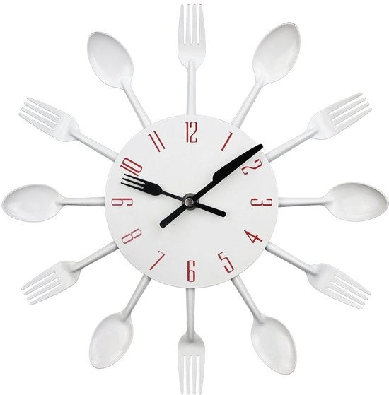 Orologio da cucina con effetto specchio, design forchetta-cucchiaio, adesivo 3D rimovibile, decorazione per la casa 32 * 32 * 4 cm bianco