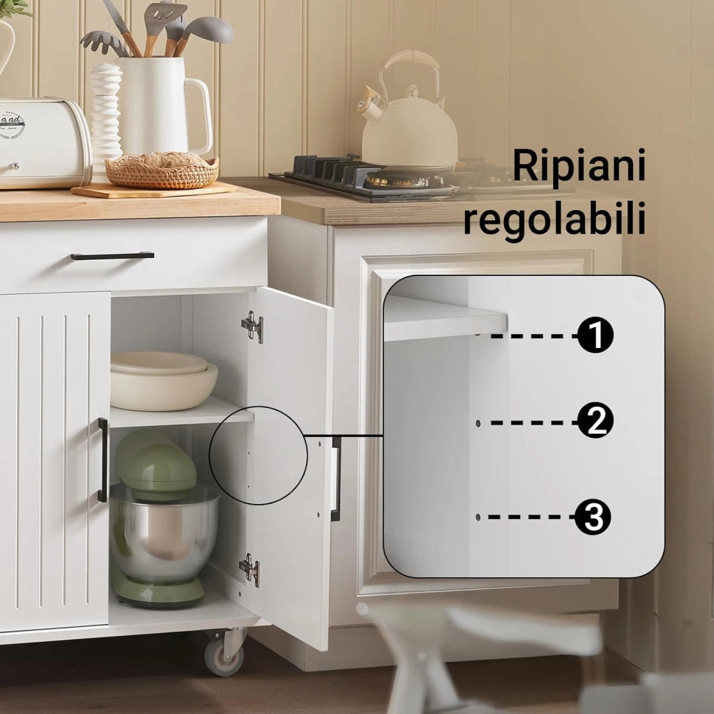 Carrello cucina con ruote, piano in legno di gomma, mobile cucina salvaspazio in MDF, isola cucina moderna – Ideale per cucina, sala da pranzo o ristorazione – 74x91x46 cm, FKW119-WN