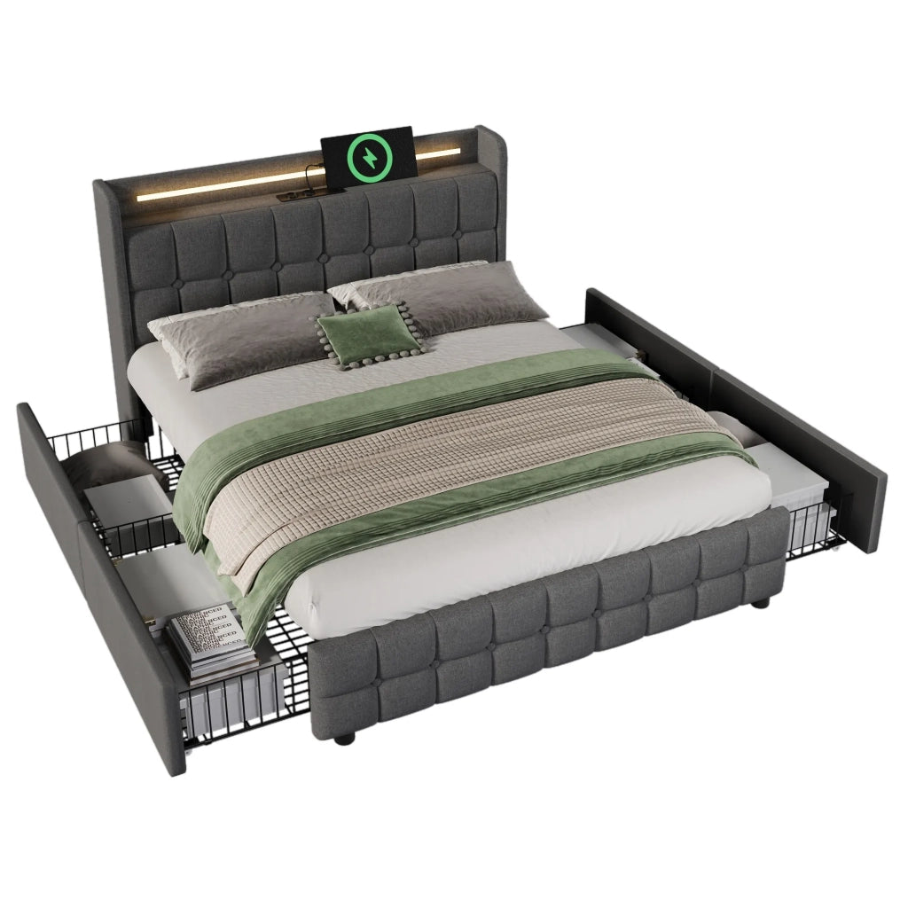 Letto matrimoniale imbottito 180x200 cm con LED; USB; prese; 4 cassetti e rete a doghe; grigio